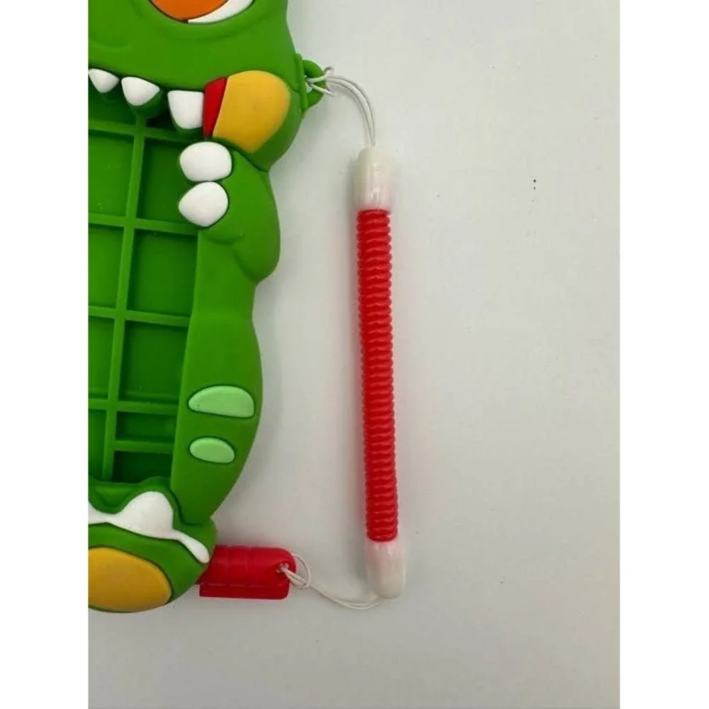 Green Dinosaur Silicone Luggage Tag with Red Stylus Pen and Paw Print Strap